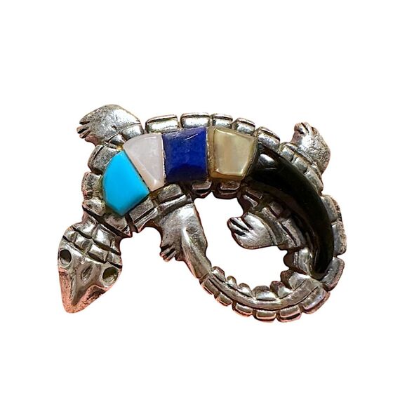 Native American Lizard Pendant Brooch Multi Stone Inlay Sterling Turquoise - Picture 1 of 3